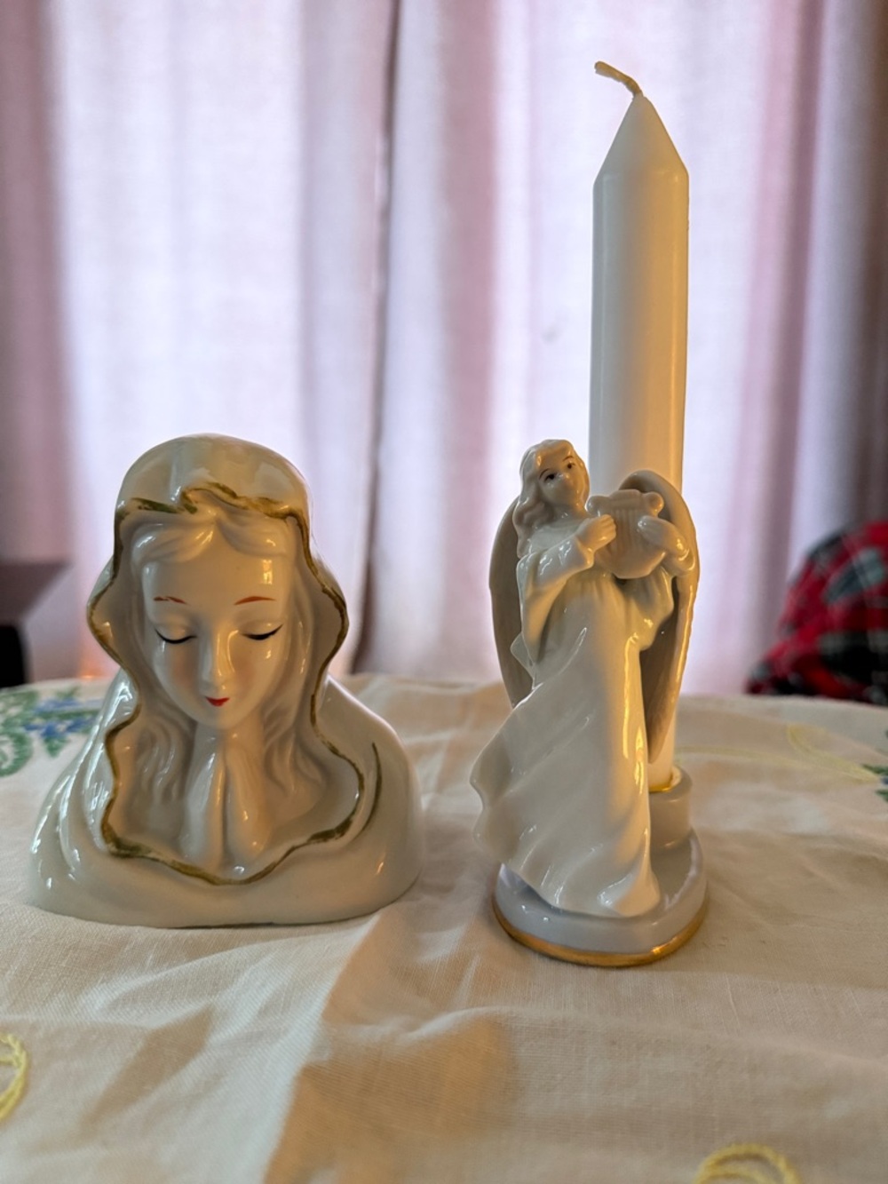 Ceramic White Madonna Figurine and Angel Candleholder Set